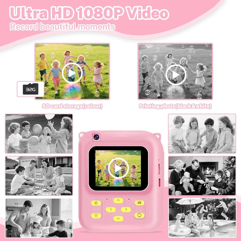 QDH Instant Print Camera for Kids, 1080P Video Camera with 3 Print Rolls, 32GB Card & Cute Cover, Gift for Girls Boys Age 3-12, Toddler Digital Camera with Games, Filters, Music – Pink - Image 4